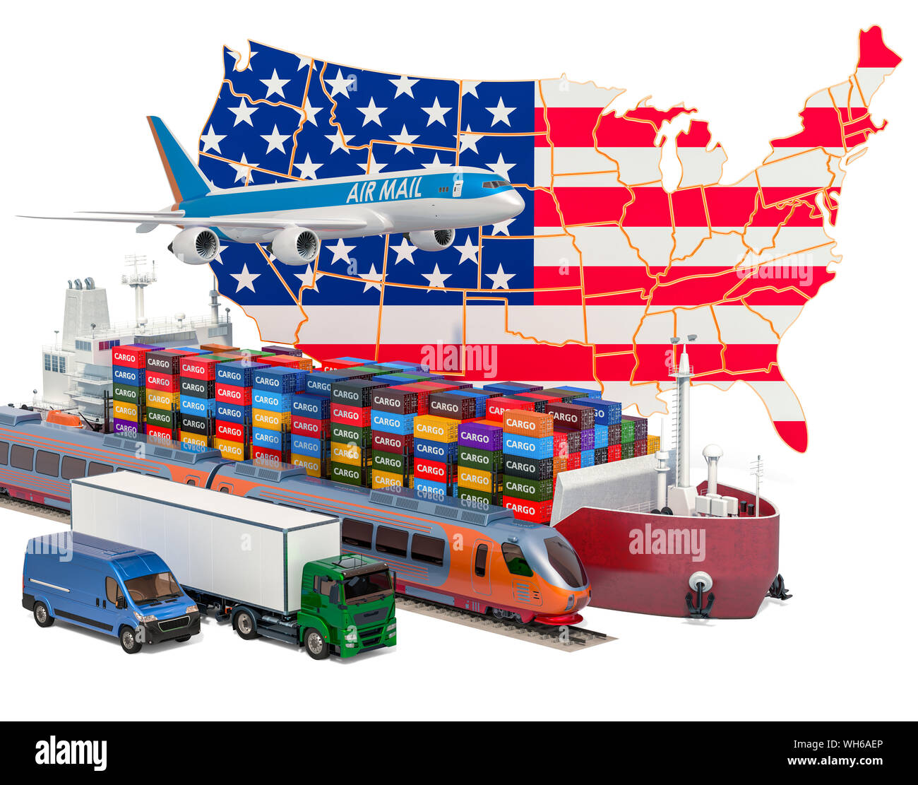 Cargo shipping and freight transportation in the United States by ship, airplane, train, truck and van. 3D rendering Stock Photo