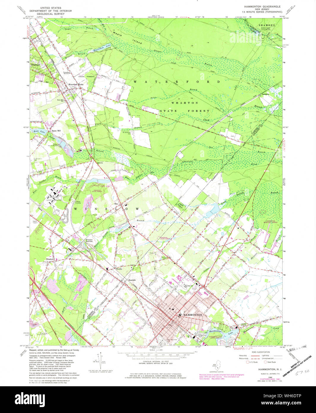 USGS TOPO Map New Jersey NJ Hammonton 254455 1966 24000 Restoration Stock Photo