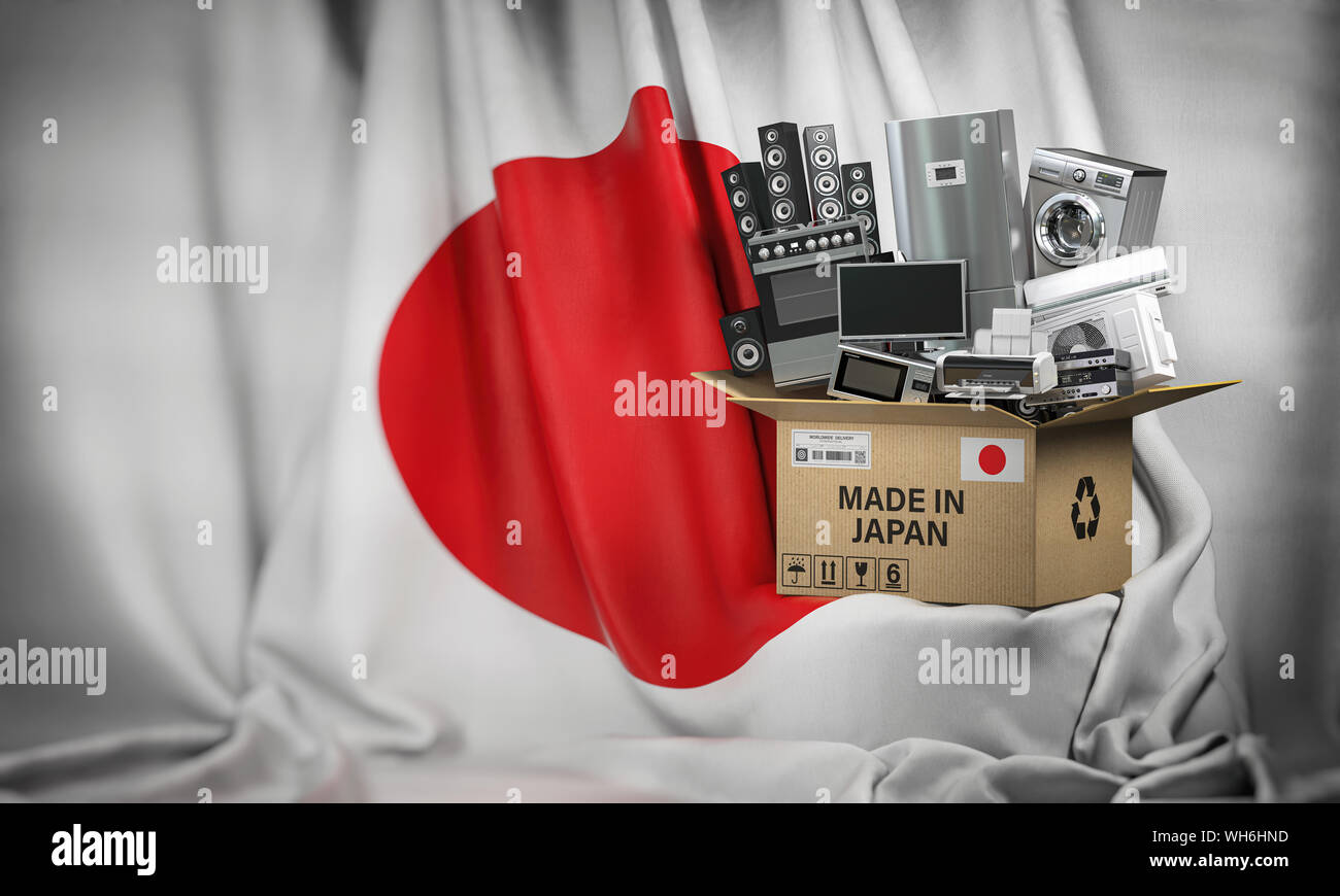 Household appliances made in Japan. Home kitchen technics in a cardboard box producted and delivered from Japan. 3d illustration Stock Photo