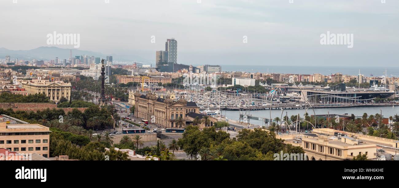 Panoramic image of Barcelona Port Vell and Drassanes square Stock Photo