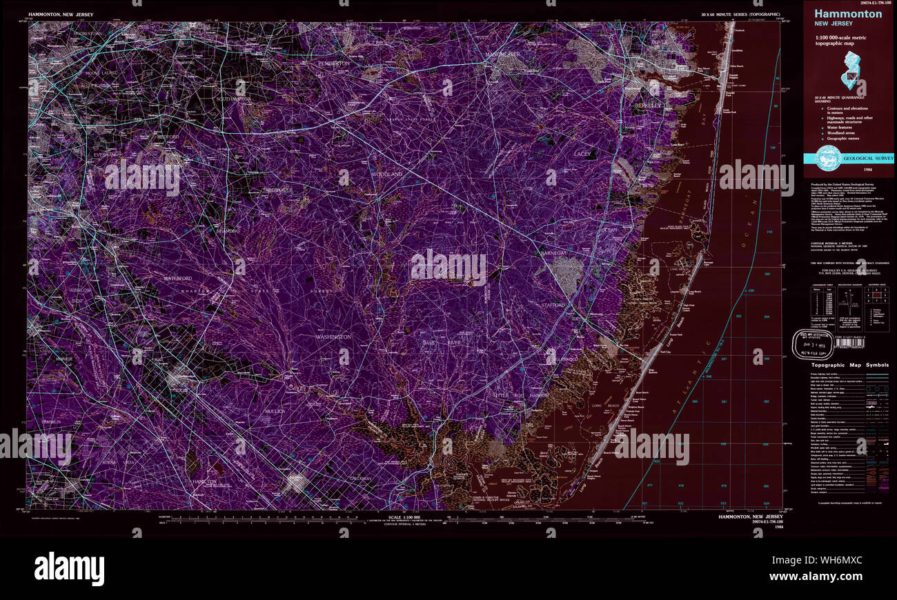 USGS TOPO Map New Jersey NJ Hammonton 255426 1984 100000 Inverted Restoration Stock Photo
