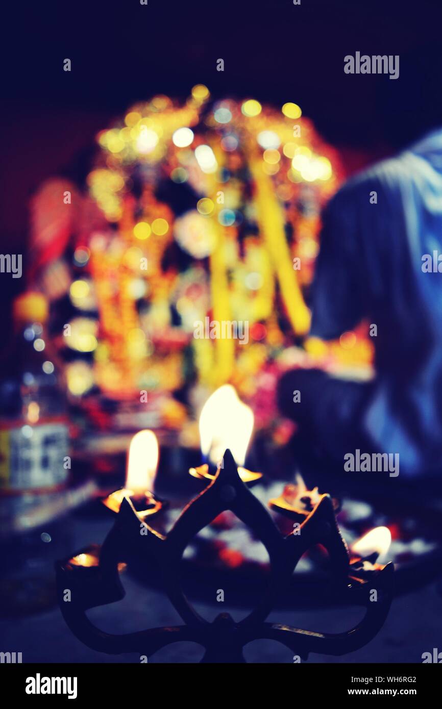 Closeup Of Illuminated Oil Lamp In Temple Stock Photo Alamy