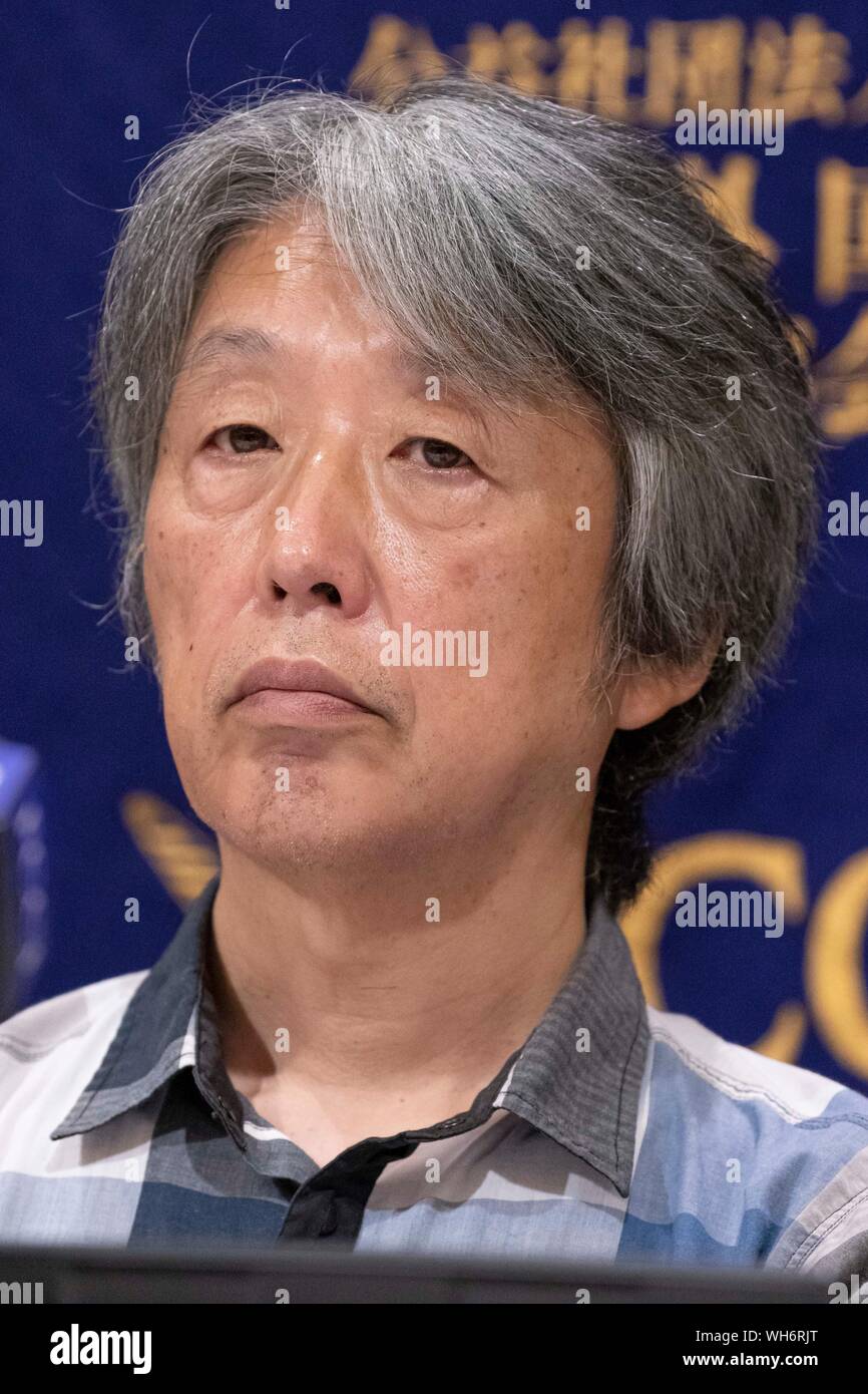 Tokyo, Japan. 02nd Sep, 2019. Toshimaru Ogura one of the organizers of the 'Non-Freedom of Expression Exhibition' attends a news conference at The Foreign Correspondents' Club of Japan. The artistic director spoke about the ''Statue of a Girl of Peace'' which was removed from the exhibition section of the festival titled the 'Non-Freedom of Expression Exhibition at Aichi Triennale 2019' due public pressure. The statue symbolizes the ''comfort women'', many of them Koreans, who were forced to work in Japanese military brothels during World War Two. After concluding Daisuke Tsuda, Artistic Stock Photo