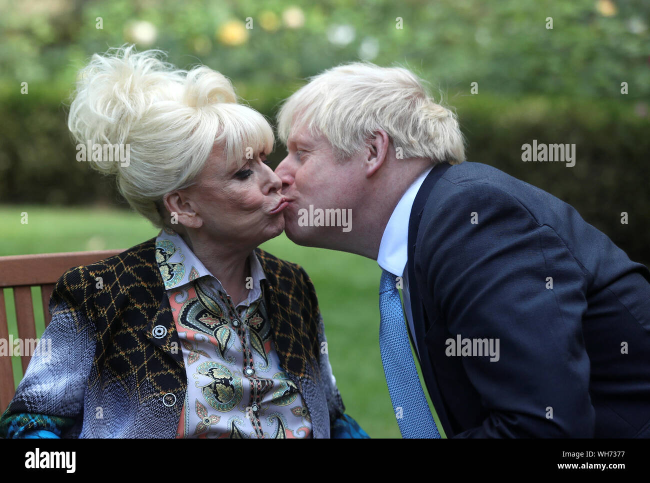 Dame Barbara Windsor meeting Prime Minister Boris Johnson after she delivered an Alzheimer's Society open letter to 10 Downing Street in Westminster, London, calling on him to address the 'devastating state' of dementia care. Stock Photo