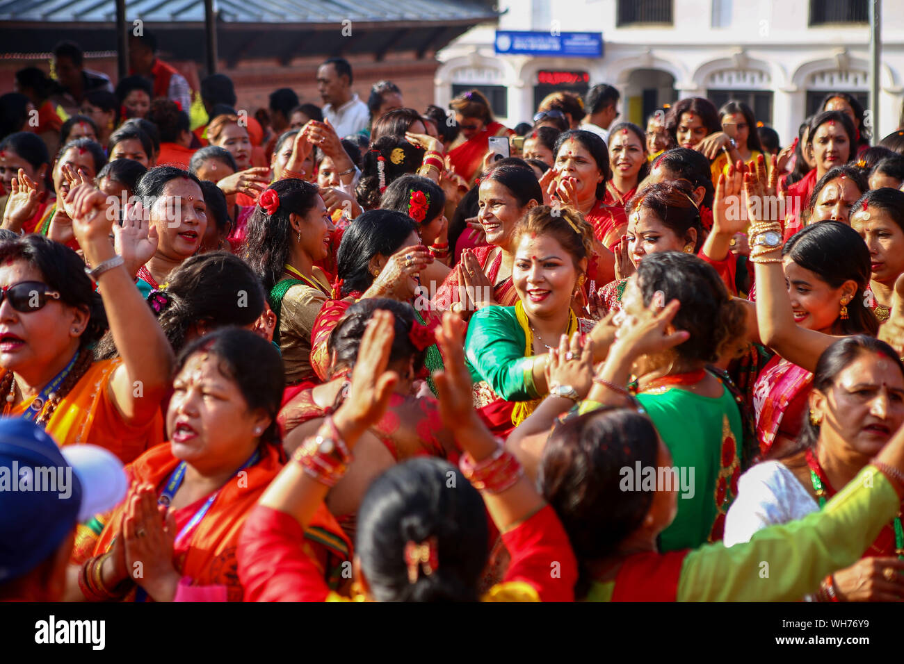 Kathmandu, Nepal. 02nd Sep, 2019. Nepalese Hindu women sing and dance after offering prayers to Lord Shiva, the Hindu god of destruction during the festival.Teej Festival is a females-only festival celebrated by Hindu women. During the festival, women fast and pray for marriage and family. Single women pray for an auspicious future marriage, while married women pray for marital bliss. The festival is celebrated mainly in India, but Nepalese women also celebrate Teej in their own special way. Credit: SOPA Images Limited/Alamy Live News Stock Photo