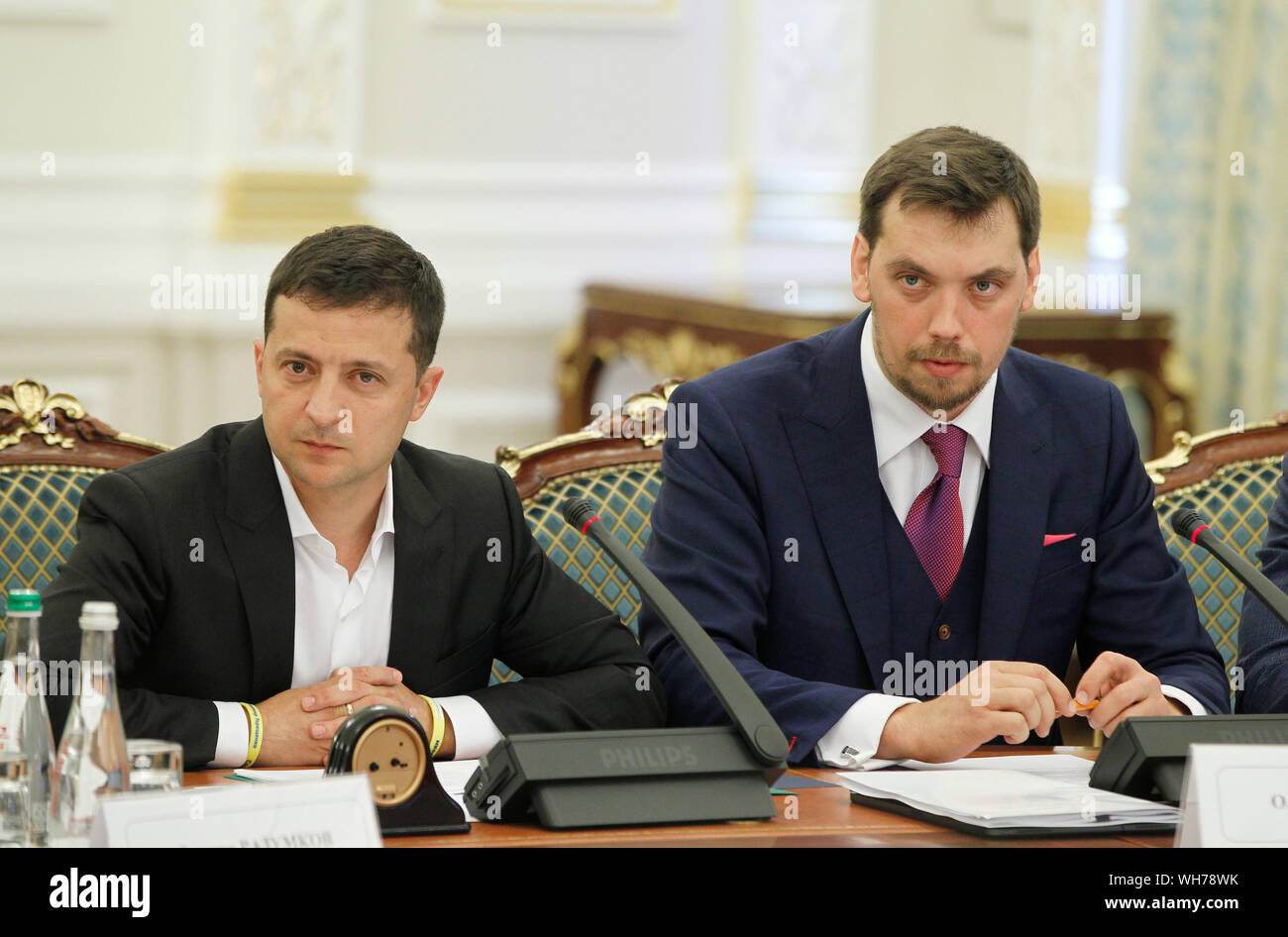 Kiev, Ukraine. 02nd Sep, 2019. President of Ukraine Volodymyr Zelensky (L) and Prime Minister Oleksiy Honcharuk (R) attend a meeting with the leadership of the Ukrainian Parliament, the Cabinet of Ministers and law enforcement at the Presidential Office in Kiev. Credit: SOPA Images Limited/Alamy Live News Stock Photo