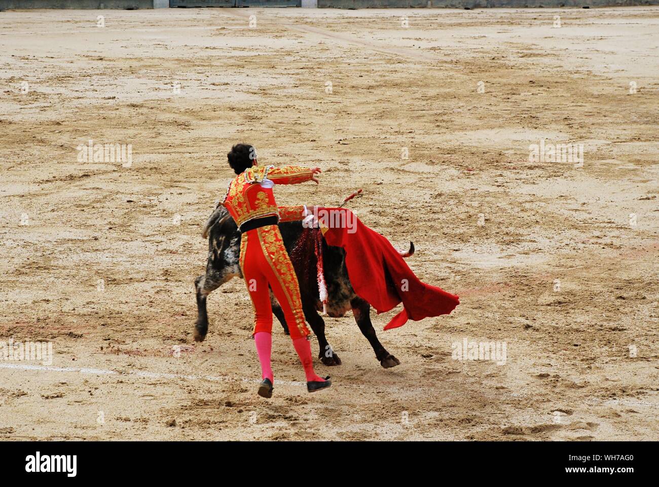 Bullfighter Holding Red Cape With Bull Stock Photo Alamy