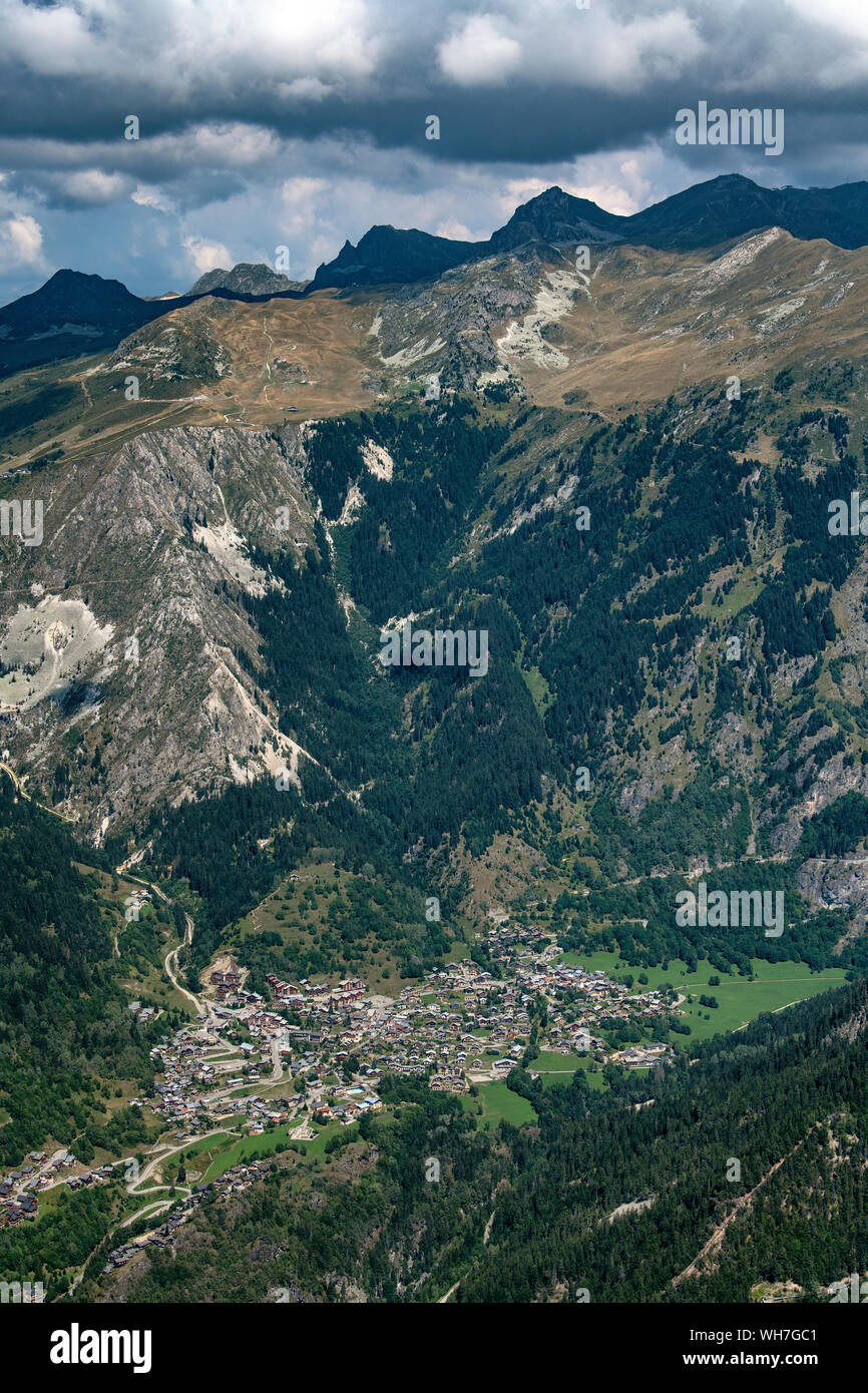 France, Eastern France, mountain range of the Vanoise, Tarentaise, Champagny en Vanoise. From above. Stock Photo