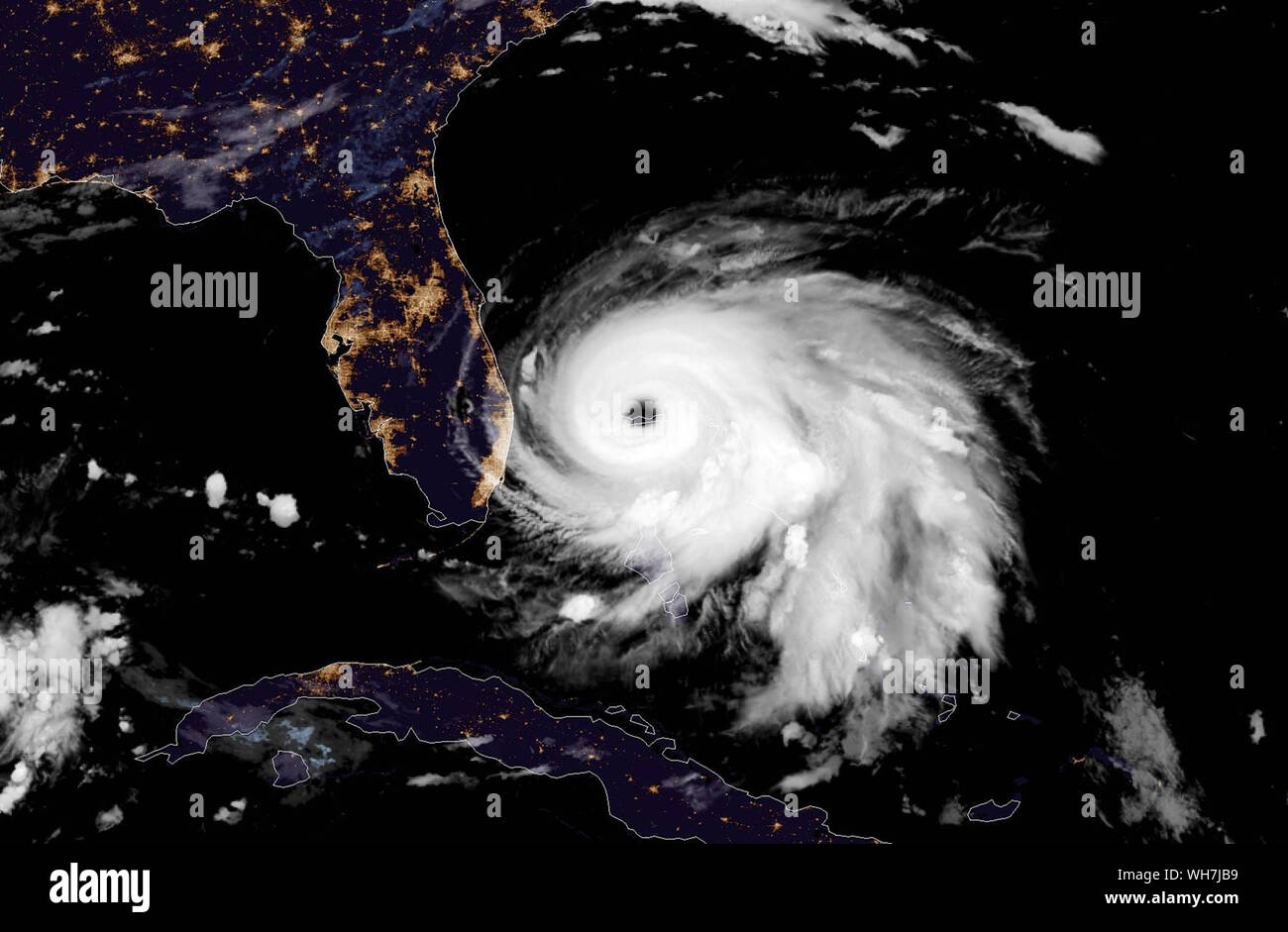 Hurricane Dorian is captured by NOAA's GOES-East satellite at 06:20 AM EST on September 2, 2019, approximately 115 miles east of West Palm Beach, Florida. Maximum sustained winds are near 165 mph (270 km/h), making Dorian is a category 5 hurricane on the Saffir-Simpson Hurricane Wind Scale. NASA/UPI Credit: UPI/Alamy Live News Stock Photo
