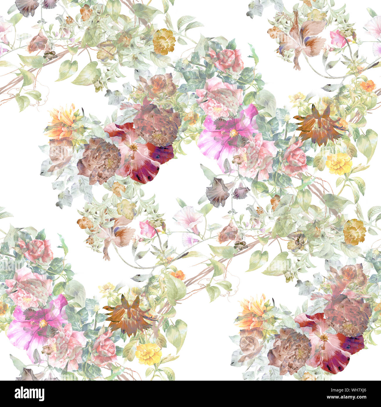 Watercolor painting of leaf and flowers, seamless pattern on white ...