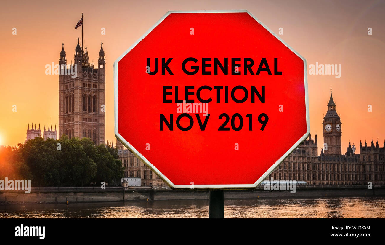 Speculation of UK General Election in Nov 2019 written on stop-sign with Houses of Parliament, London in background. Stock Photo