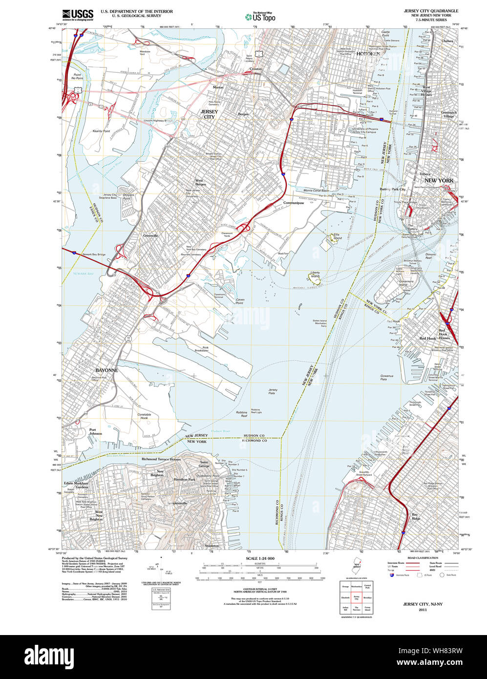 USGS TOPO Map New Jersey NJ Jersey City 20110609 TM Restoration Stock Photo
