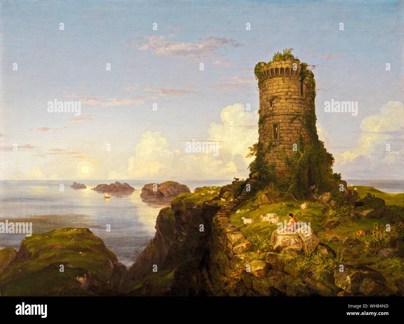 Thomas Cole, Italian Coast Scene with Ruined Tower, painting, 1838 Stock Photo
