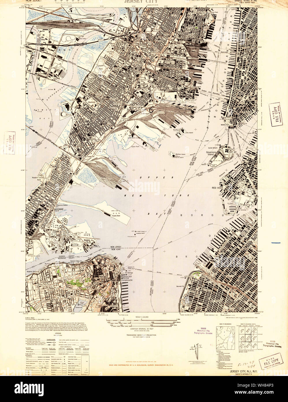USGS TOPO Map New Jersey NJ Jersey City 254499 1947 24000 Restoration Stock Photo