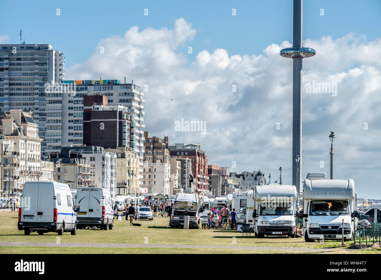 Hove Lawns, Sussex, UK. 02nd Sep, 2019. A group of travellers ariived on Hove Lawns over the weekend and set up camp. The police have said they will be moving the vehicles today. Credit: Andrew Hasson/Alamy Live News Stock Photo