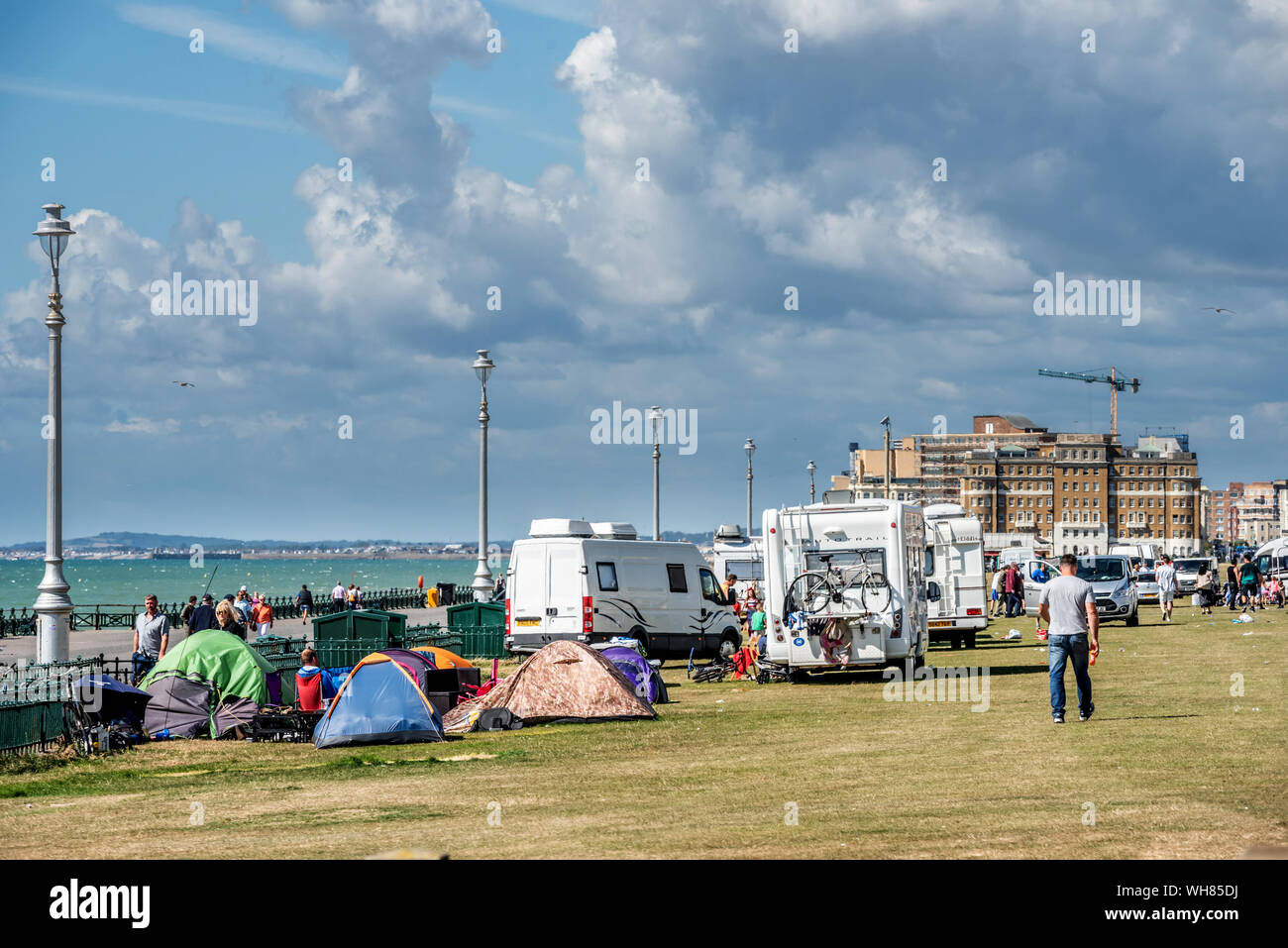 Hove Lawns, Sussex, UK. 02nd Sep, 2019. A group of travellers ariived on Hove Lawns over the weekend and set up camp. The police have said they will be moving the vehicles today. Credit: Andrew Hasson/Alamy Live News Stock Photo