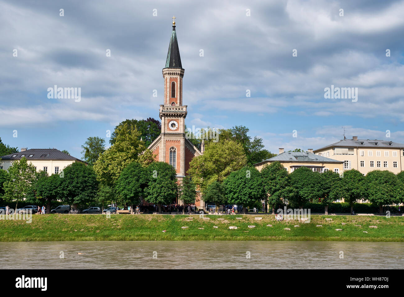 River Salzach and Christ church, Salzburg, Austria Stock Photo