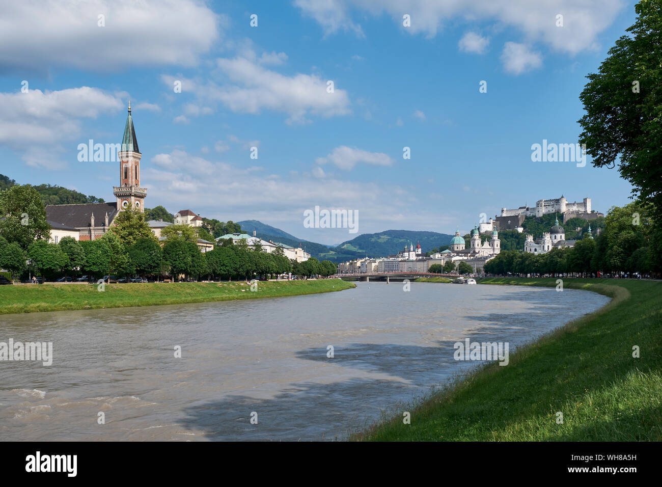River Salzach and Christ church, Salzburg, Austria Stock Photo
