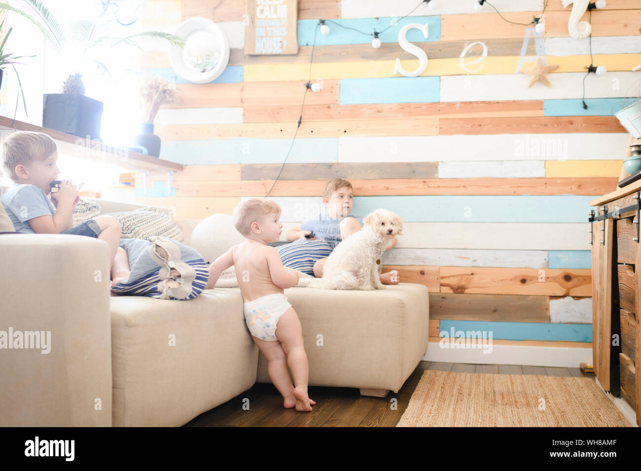 Three brothers and little dog relaxing on the couch watching TV Stock Photo