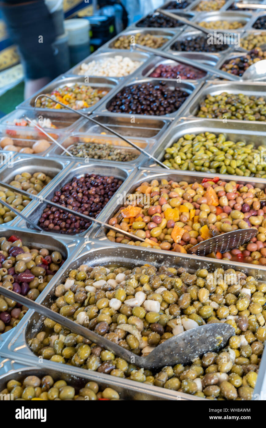Fresh olives for sale at a stall street market in Provence France Stock