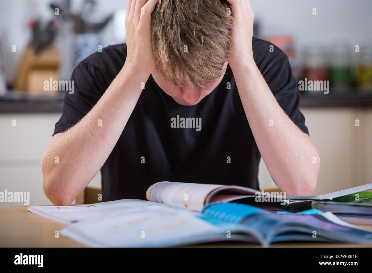 A stressed teenage boy studying for his exams Stock Photo
