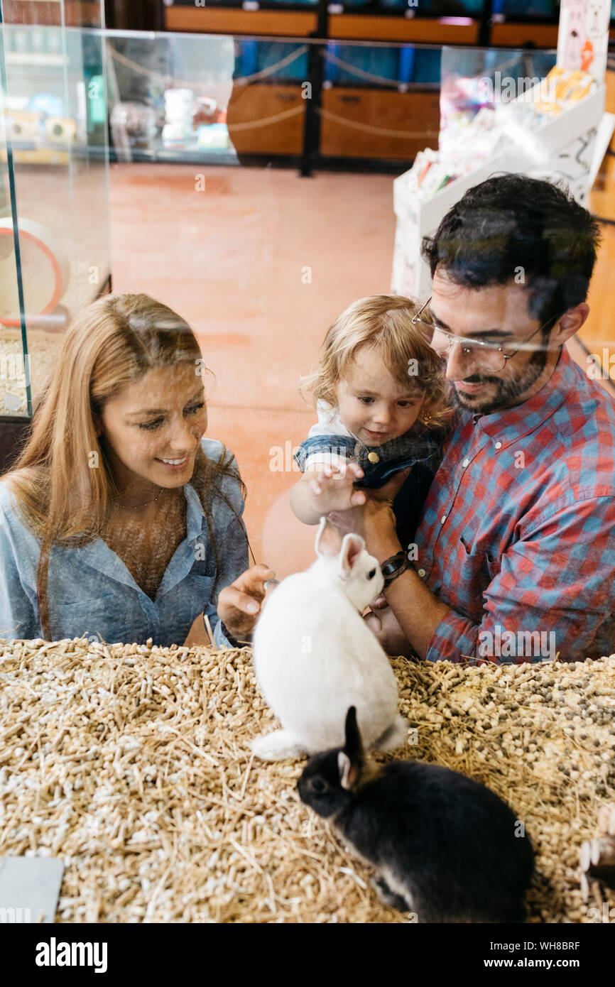 Happy family looking at rabbits in a pet shop Stock Photo