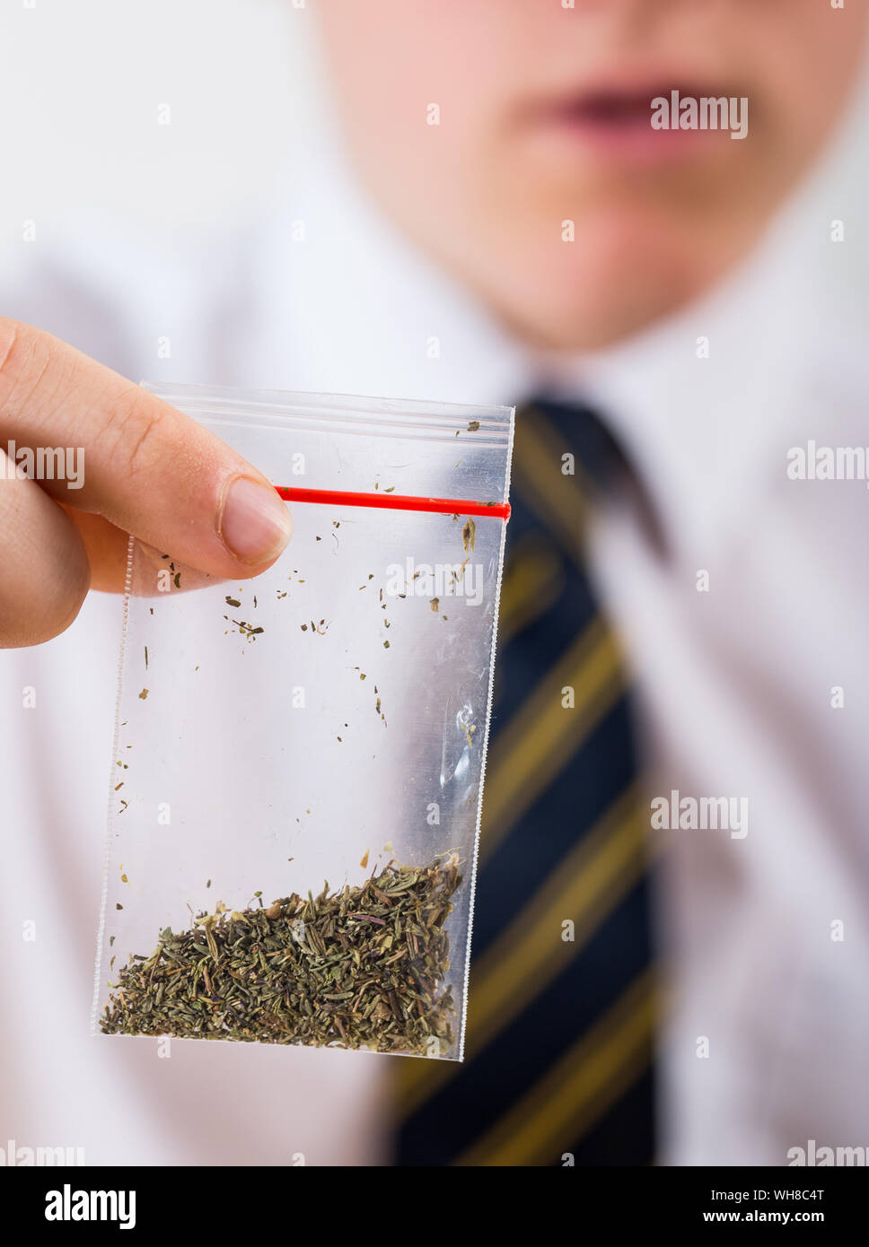 A school pupil holding a bag of drugs weed or spice (posed photo) Stock Photo