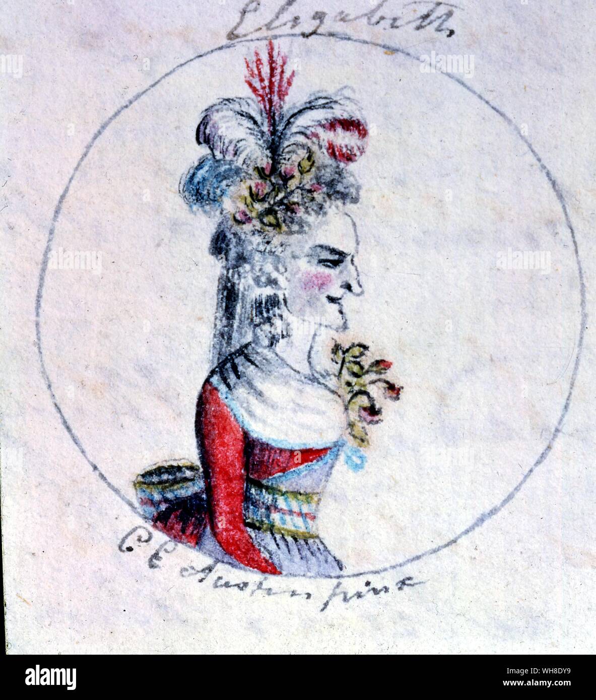 Elizabeth I. Watercolour sketches by Cassandra Austen: One of six sketches for Jane Austen's History of England, 1790. Cassandra Austen, was the elder sister of Jane Austen (1775-1817), to whom she was very close.. Elizabeth I (1533-1603) Queen of England and Queen of Ireland from 17 November 1558 until her death. Elizabeth I was the fifth and final monarch of the Tudor dynasty, having succeeded her half-sister, Mary I. She reigned during a period of turmoil in English history.. Stock Photo