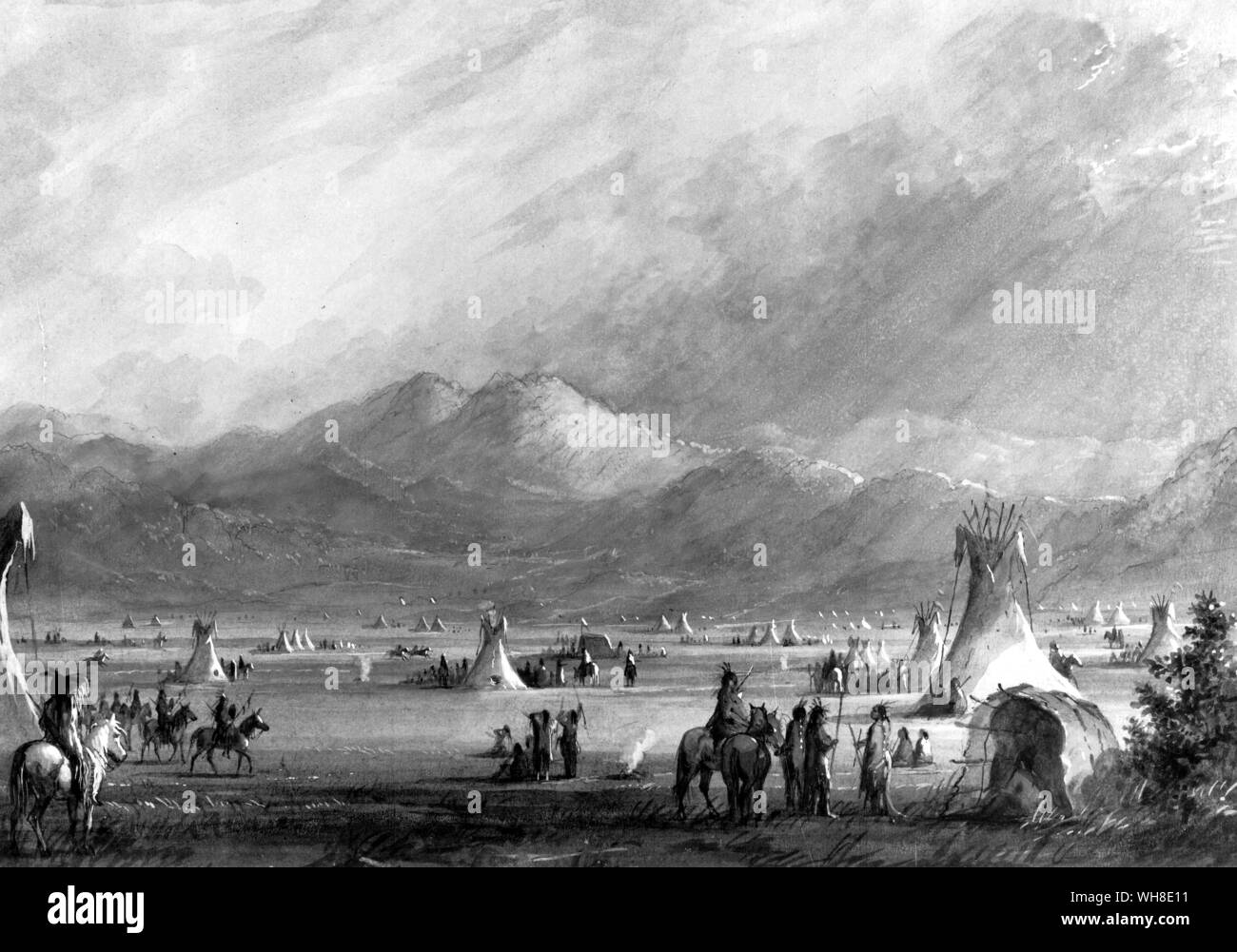 Large Encampment Indians at a fun rendezvous. The Indians coming in lower left have scalps from the enemy. Alfred Jacob Miller (American artist), (1810-1874). Stock Photo