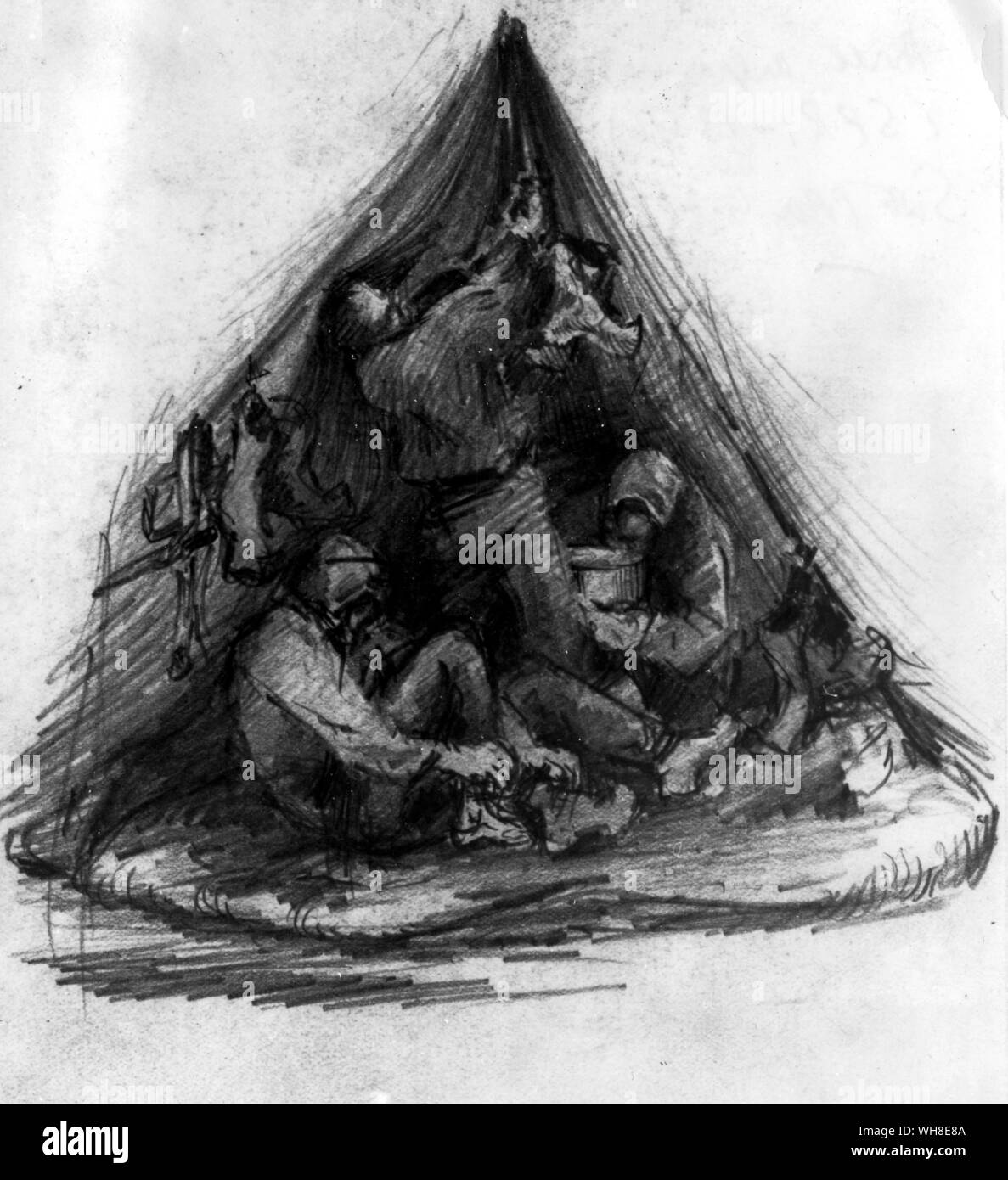 Scott Polar Research. Three men inside a pyramid tent.  Antarctica: The Last Continent by Ian Cameron page 185. Stock Photo