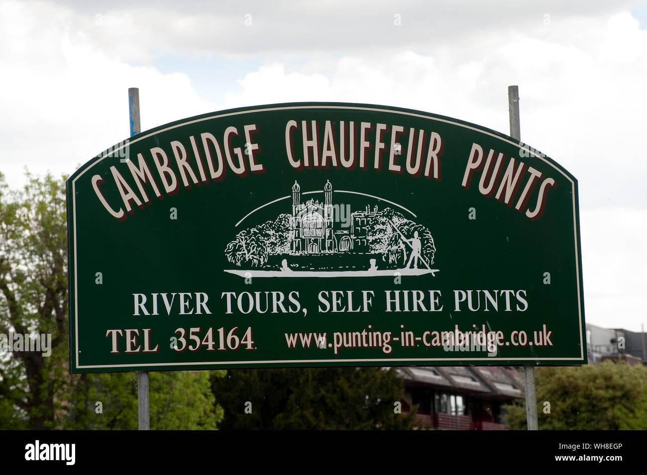 Sign for chauffeur punts on the River Cam, Cambridge, England. Stock Photo