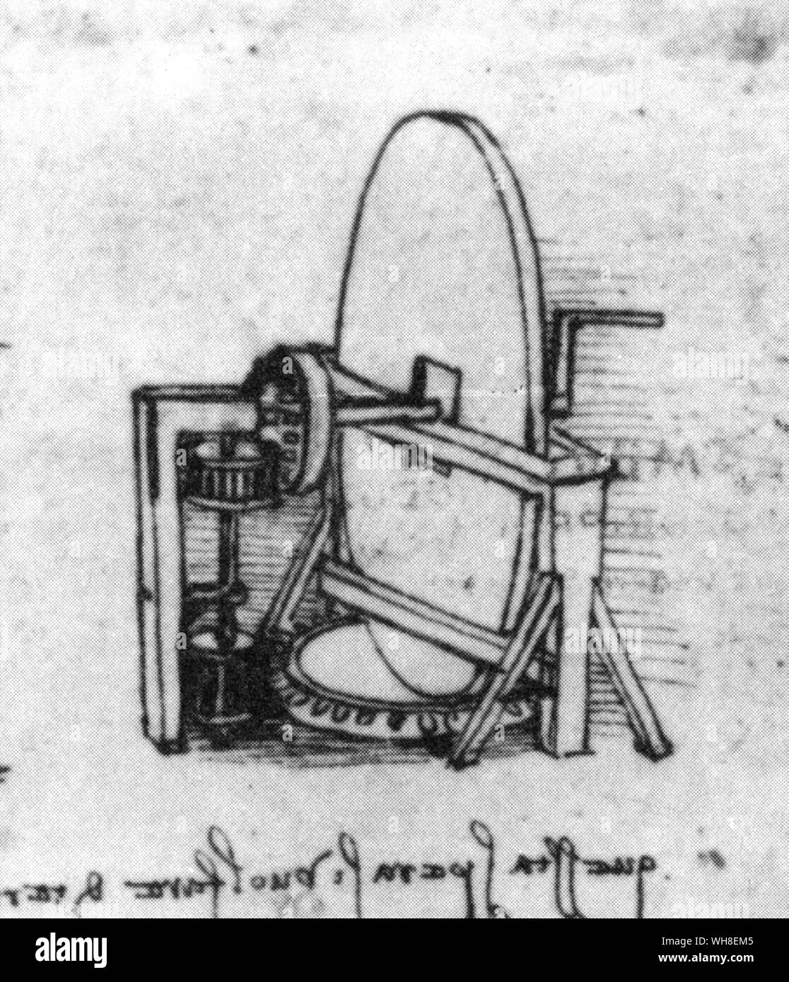 When the handle of the lens grinder is turned, both grindstone and lens revolve at different speeds. Leonardo da Vinci (1452-1519) was an Italian Renaissance architect, musician, anatomist, inventor, engineer, sculptor, geometer and painter. . . Stock Photo