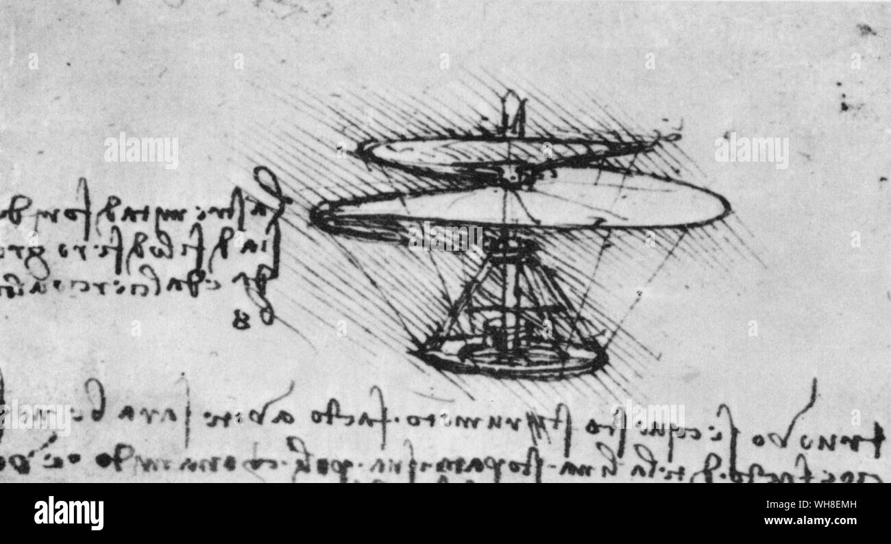 I find that if this instrument be well made....and be turned swiftly, the said screw will make its spiral in the air and will rise high', wrote Leonardo alongside his drawing of a helicopter. With this design Leonardo contributed to the development of vertical lift. Date Created: ca.1492-1516. Leonardo da Vinci (1452-1519) was an Italian Renaissance architect, musician, anatomist, inventor, engineer, sculptor, geometer and artist. . . Stock Photo
