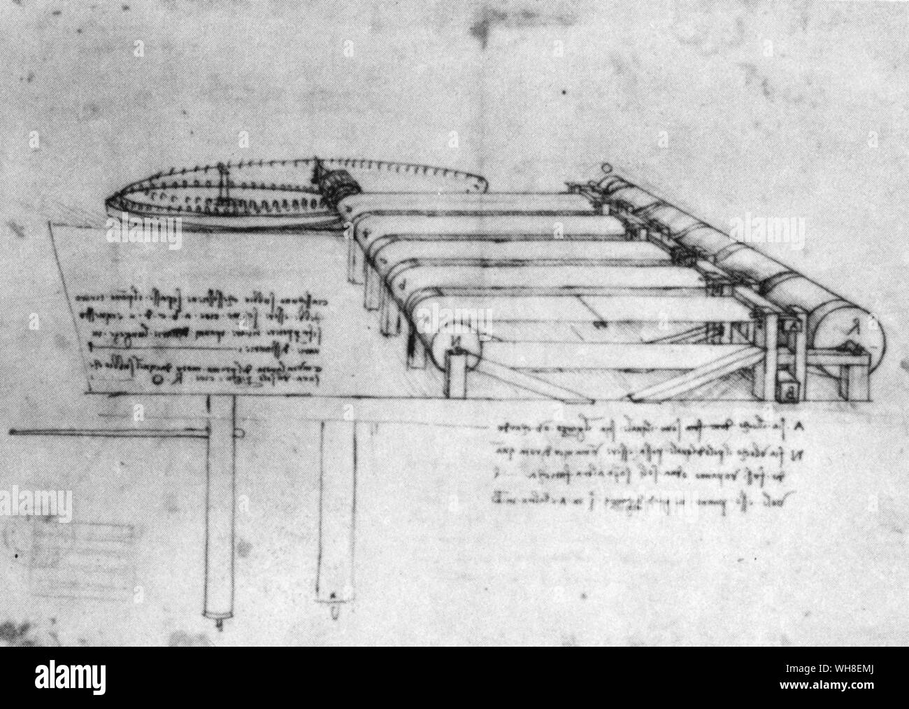 Leonardo's teaseling machine, showing five lengths of cloth stretched between two rollers. Leonardo da Vinci (1452-1519) was an Italian Renaissance architect, musician, anatomist, inventor, engineer, sculptor, geometer and artist. . . Stock Photo