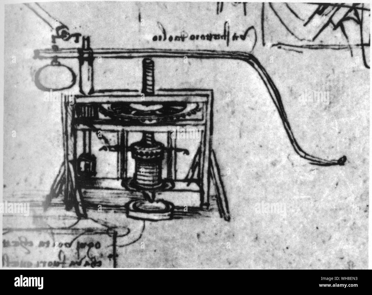 Leonardo's drawing of an olive press. Leonardo da Vinci (1452-1519) was an Italian Renaissance architect, musician, anatomist, inventor, engineer, sculptor, geometer and artist. . . Stock Photo