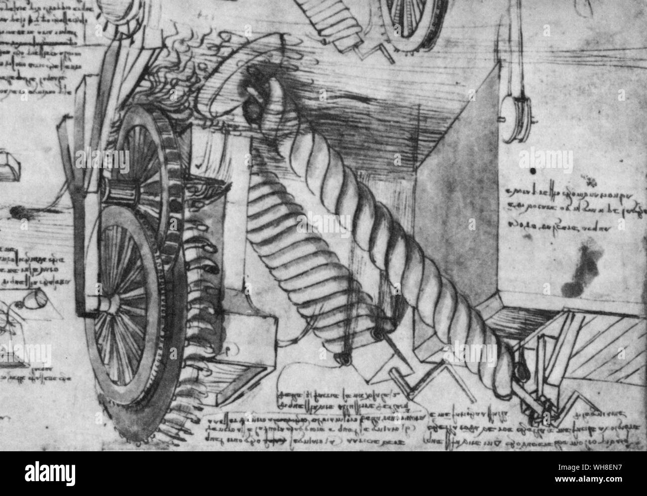 Leonardo's version of the Archimedes Screw, a hollow tube spiralled around the outside of a cylinder. When the handle was turned water came up inside the cylinder. On the right, a water wheel for raising water. Leonardo da Vinci (1452-1519) was an Italian Renaissance architect, musician, anatomist, inventor, engineer, sculptor, geometer and painter. . . Stock Photo