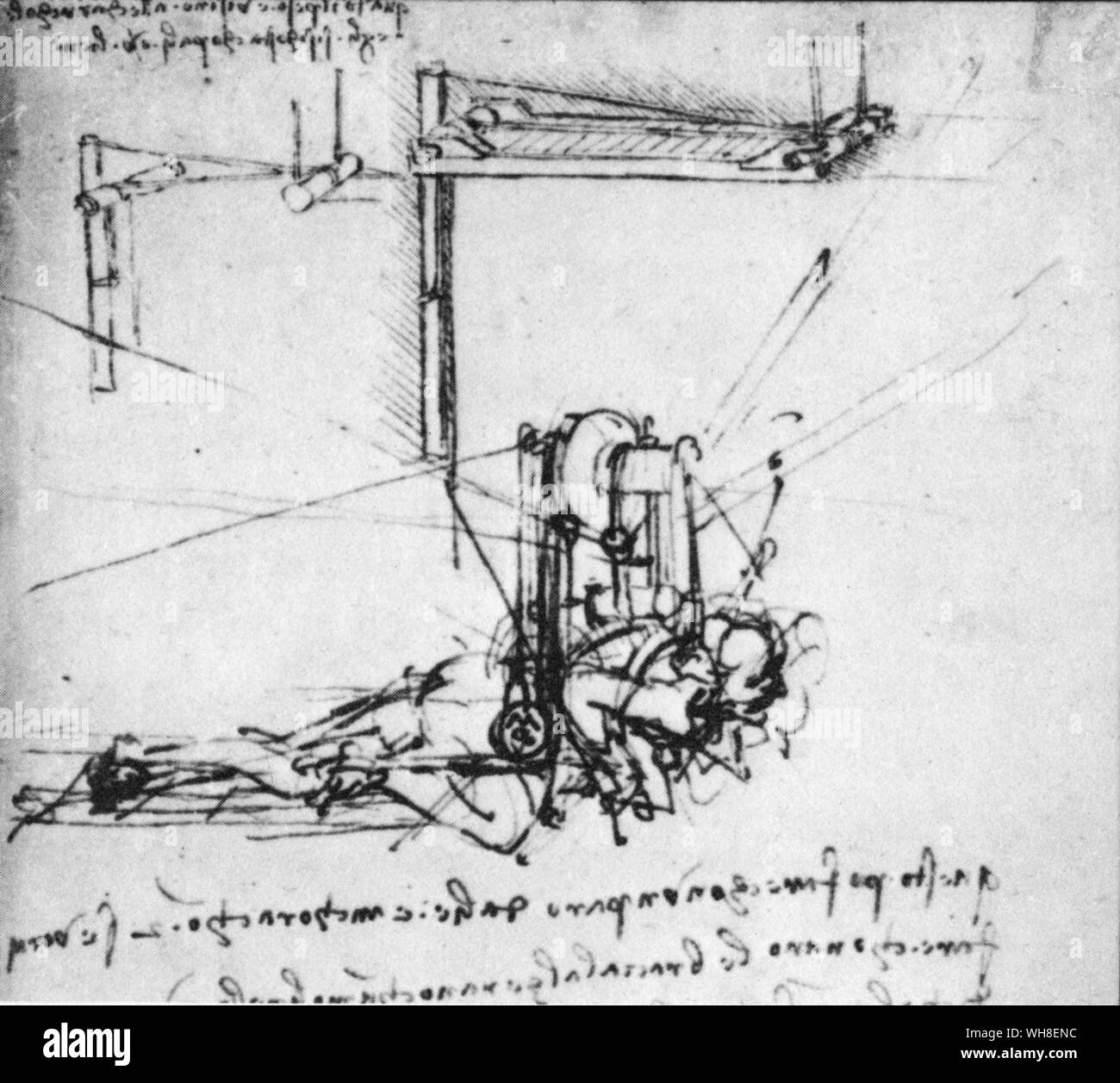 A rudder like a bird's tail is an interesting addition to another ornithopter design of 1486-90. The sketch shows how the head harness fits. This apparatus also has hand-operated cranks to help on the down-beat. In the notes accompanying the vivid drawing, Leonardo tells how an onithopter can be made with one pair of wings or with two. Leonardo da Vinci (1452-1519) was an Italian Renaissance architect, musician, anatomist, inventor, engineer, sculptor, geometer and painter. . . Stock Photo