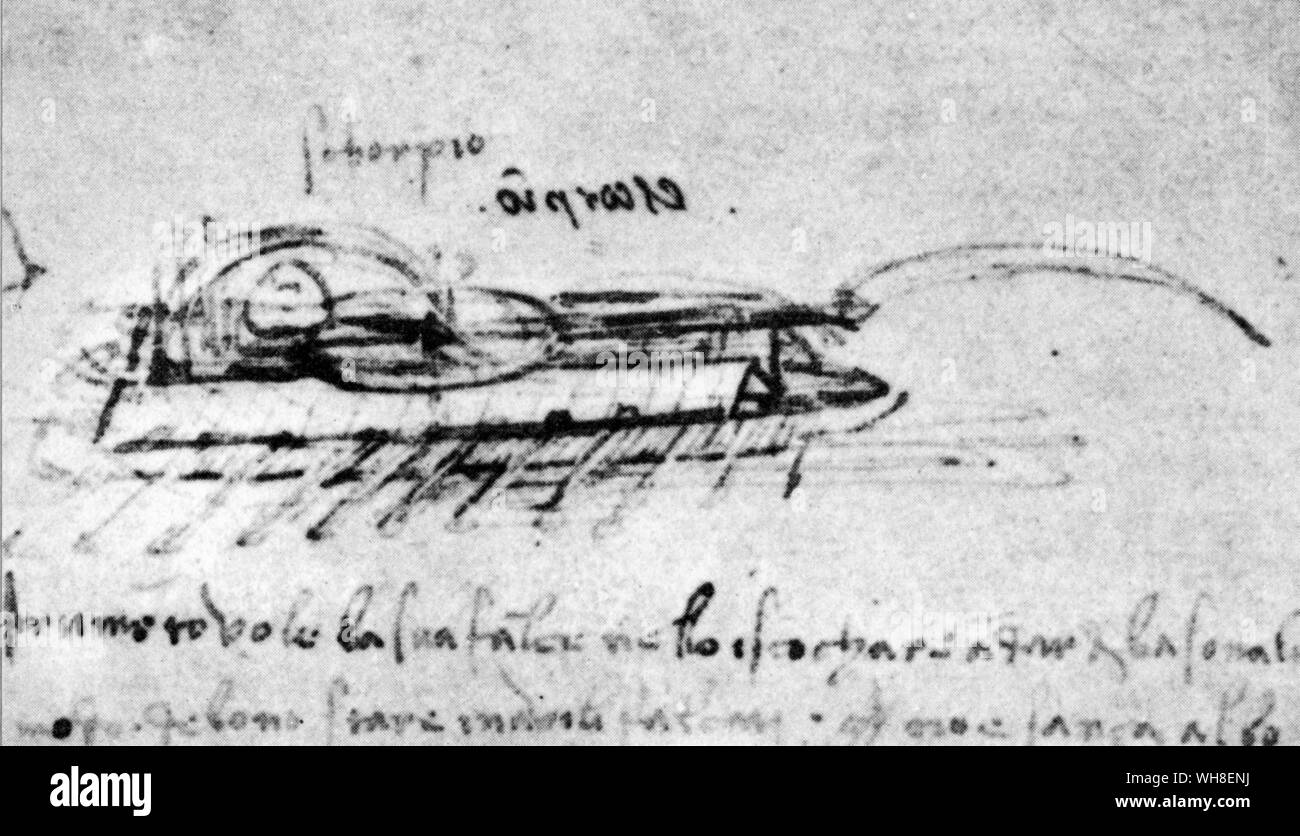 If it should happen that the fight was at sea I have plans for many engines'. The drawing hs been reversed deliberately to show Leonardo's writing as in a mirror. The name 'escorpio' is not in Leonardo's hand. Leonardo da Vinci (1452-1519) was an Italian Renaissance architect, musician, anatomist, inventor, engineer, sculptor, geometer and painter. . . Stock Photo