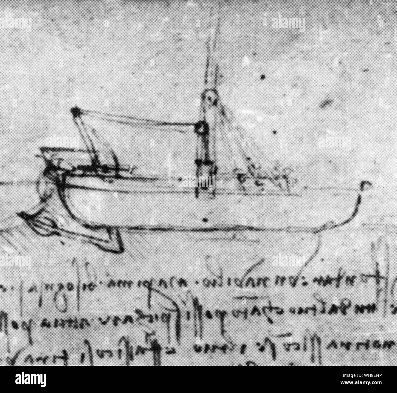 If it should happen that the fight was at sea I have plans for many engines'. The ship has a holing mechanism hidden under the water. Leonardo da Vinci (1452-1519) was an Italian Renaissance architect, musician, anatomist, inventor, engineer, sculptor, geometer and painter. . . Stock Photo