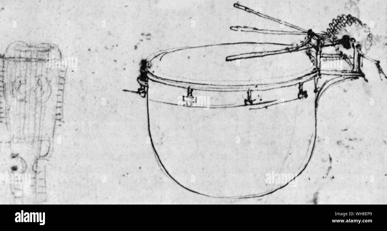 A mechanical drum 'for hamony'. Leonardo da Vinci (1452-1519) was an Italian Renaissance architect, musician, anatomist, inventor, engineer, sculptor, geometer and artist. . . Stock Photo