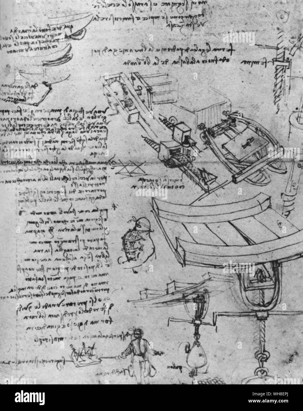 Do not impart your knowledge and you will excel alone'. All the information on this page of Leonardo's notebook dating from 1500 when he was in Venice, suggests a cloak-and-dagger operation devised by Leonardo for sinking enemy ships. At bottom left is his detailed description of a diving suit. at bottom right, his borer for holing the ships below the water line. Even his special agent is mentioned by name. Leonardo da Vinci (1452-1519) was an Italian Renaissance architect, musician, anatomist, inventor, engineer, sculptor, geometer and painter. . . Stock Photo