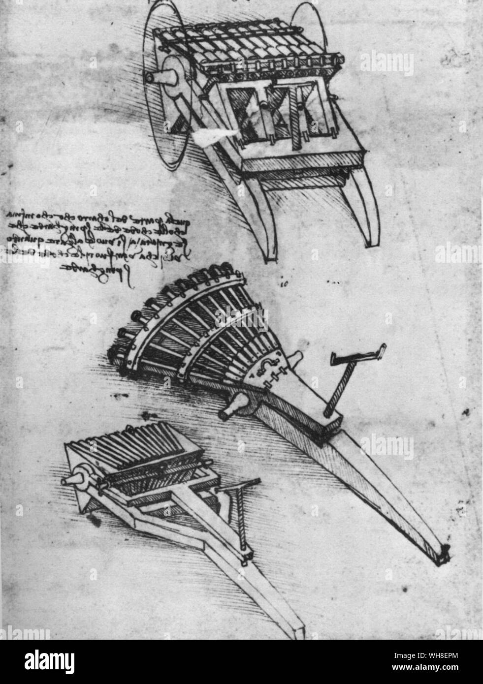 Leonardo's machine guns. Top diagram shows how the barrels in one rack could be discharged, while the gunners were loading the second rack to be rotated presently into the firing position. The third rack would come up to be charged while the first was cooling off. Leonardo da Vinci (1452-1519) was an Italian Renaissance architect, musician, anatomist, inventor, engineer, sculptor, geometer and artist. . . Stock Photo