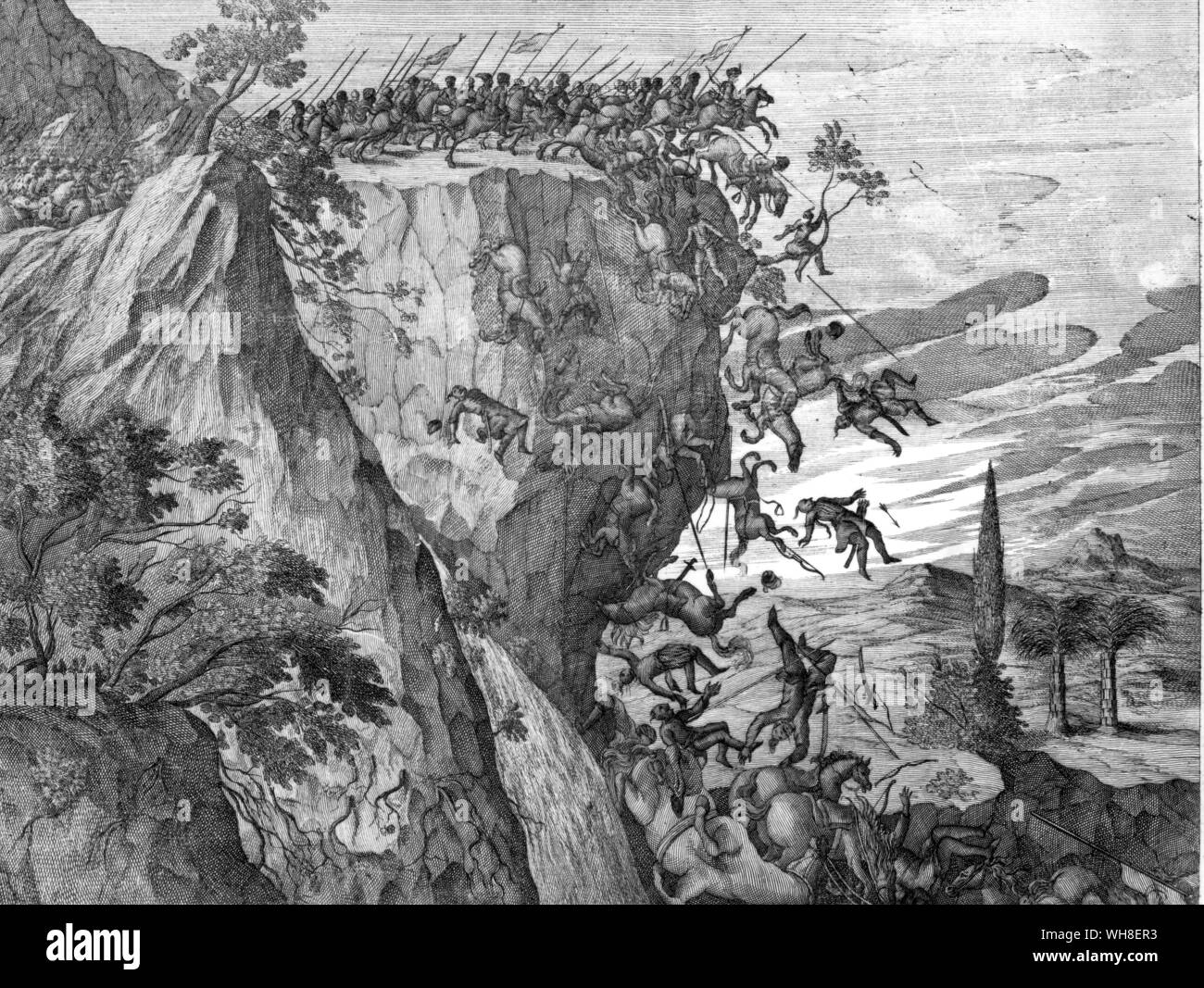 Warfare in mountainous Ethiopia - six hundred knights falling over a cliff. An illustration from a seventeenth century history of Ethiopia. Stock Photo