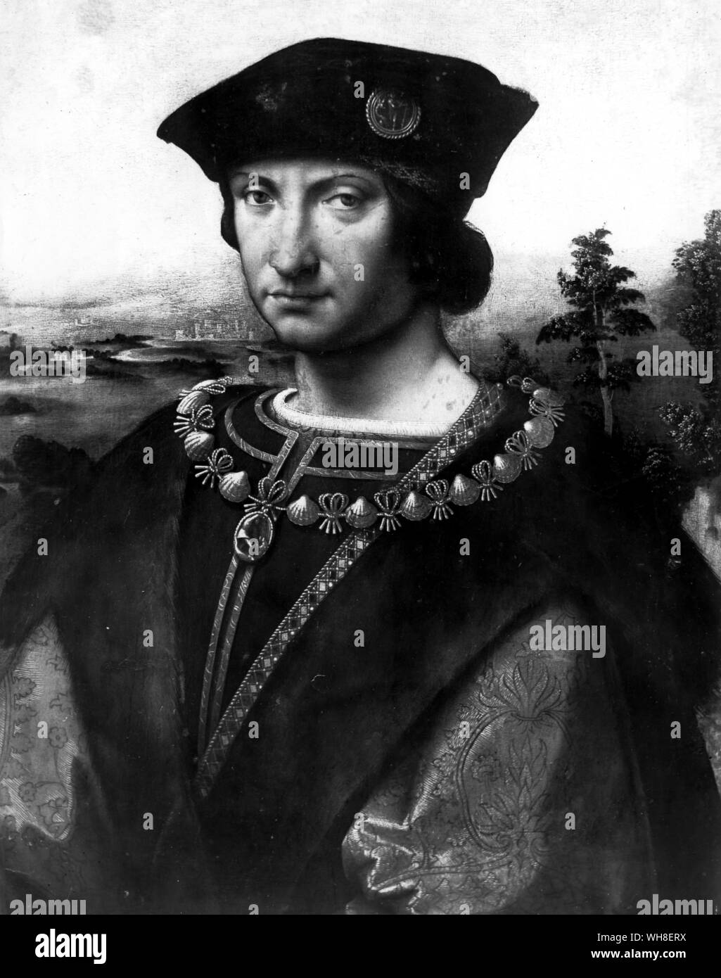 Charles d' Amboise, 1507, portrait by Andrea Solario (1460-1522), an Italian Renaissance painter. Charles d'Amboise, (d. 1511) was the French governor of Milan during the reign of Louis XII, and a French commander during the War of the League of Cambrai. He was a great friend of Leonardo da Vinci during his stay in Milan. At the battle of Agnadello, he commanded the French vanguard. In 1510, he took command of the French forces fighting against Pope Julius II in the Romagna, for which he was excommunicated.. Leonardo and the Age of the Eye, by Eritchie Calder page 200.. . Stock Photo