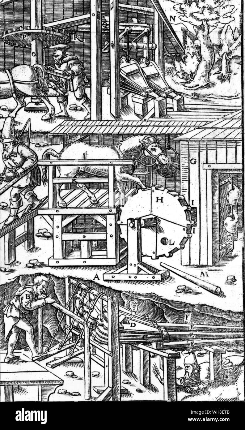 Bellows and ventilating system for mines from Georgins. Agsicola (1494-1555). Leonardo and the Age of the Eye, by Ritchie Calder page 330.. . Stock Photo