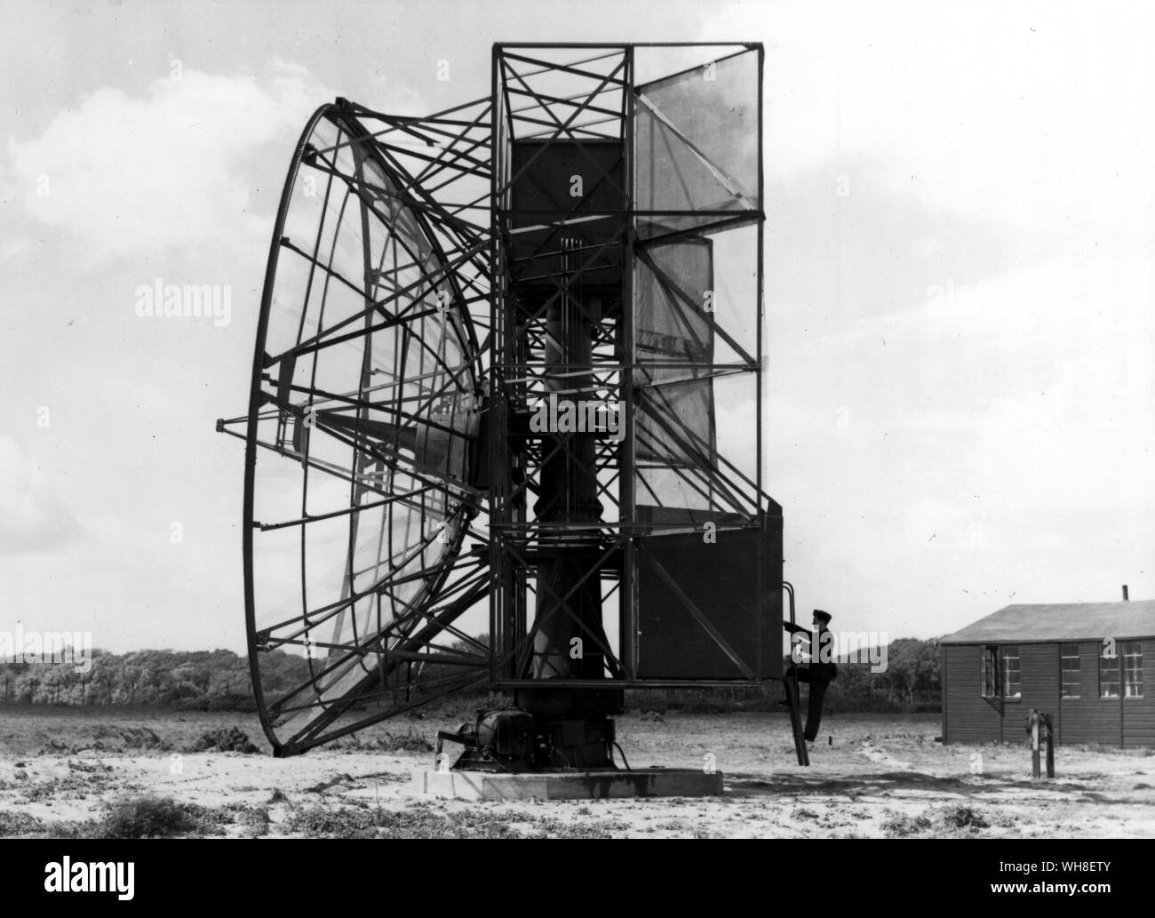 The Radar Fighting Direction. The fighter direction aerial system with a cabin mounted on the aerial structure of the house, both the transmitter and receiver. Radar owes much of its fast development to the advent of war. Its purpose was to give fighter planes tactical advantage over the enemy when employed on offensive operations. Science at War page 26. Stock Photo