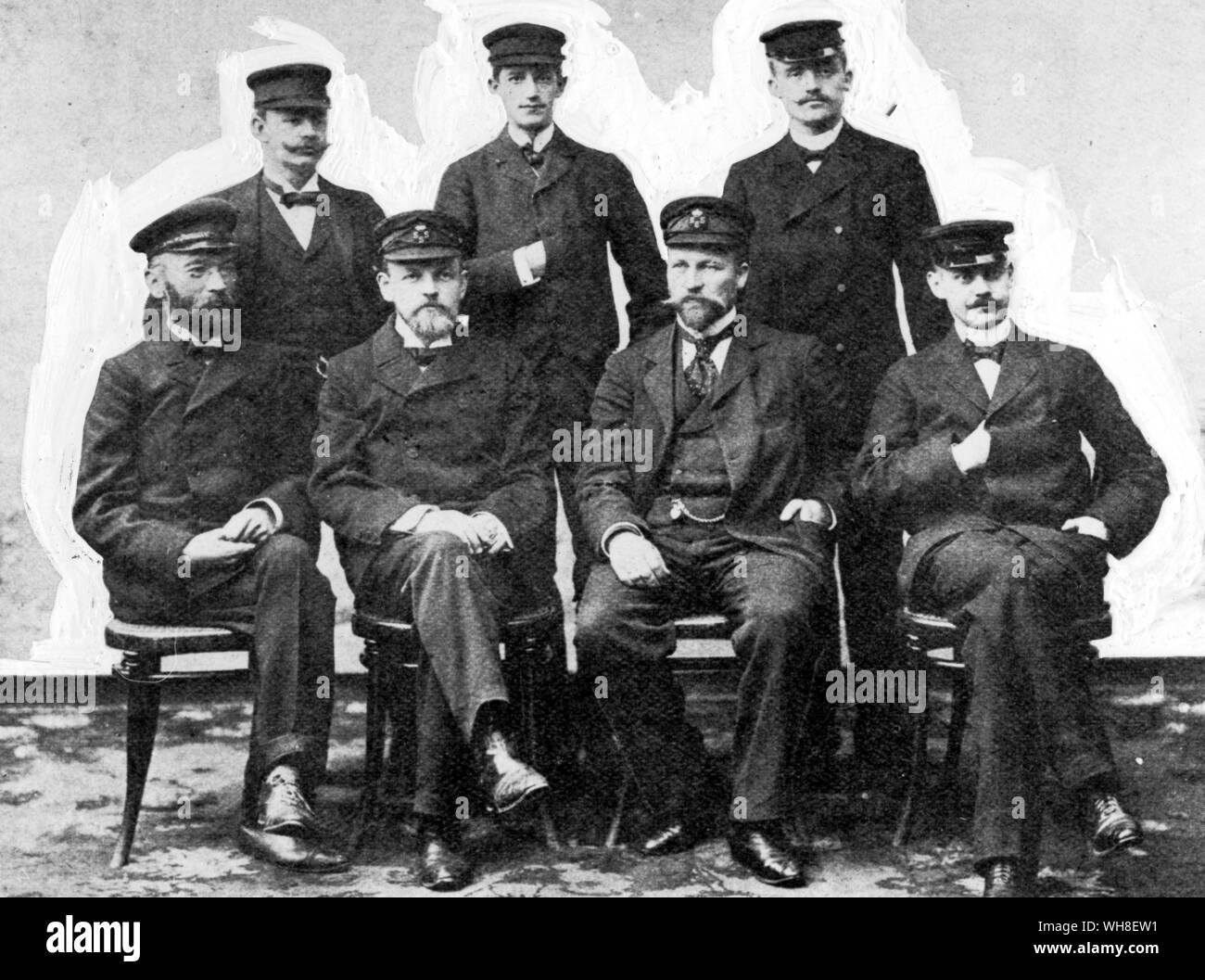Members of the Swedish South Polar Expedition on their departure from Gottenberg. Standing left to right Bodman, Skottsberg, K A Andersson. Sitting left to right: Ohlin, Nordenskjold, Larsen and Ekelof 1905. From Antarctica: The Last Continent by Ian Cameron page 147. Stock Photo