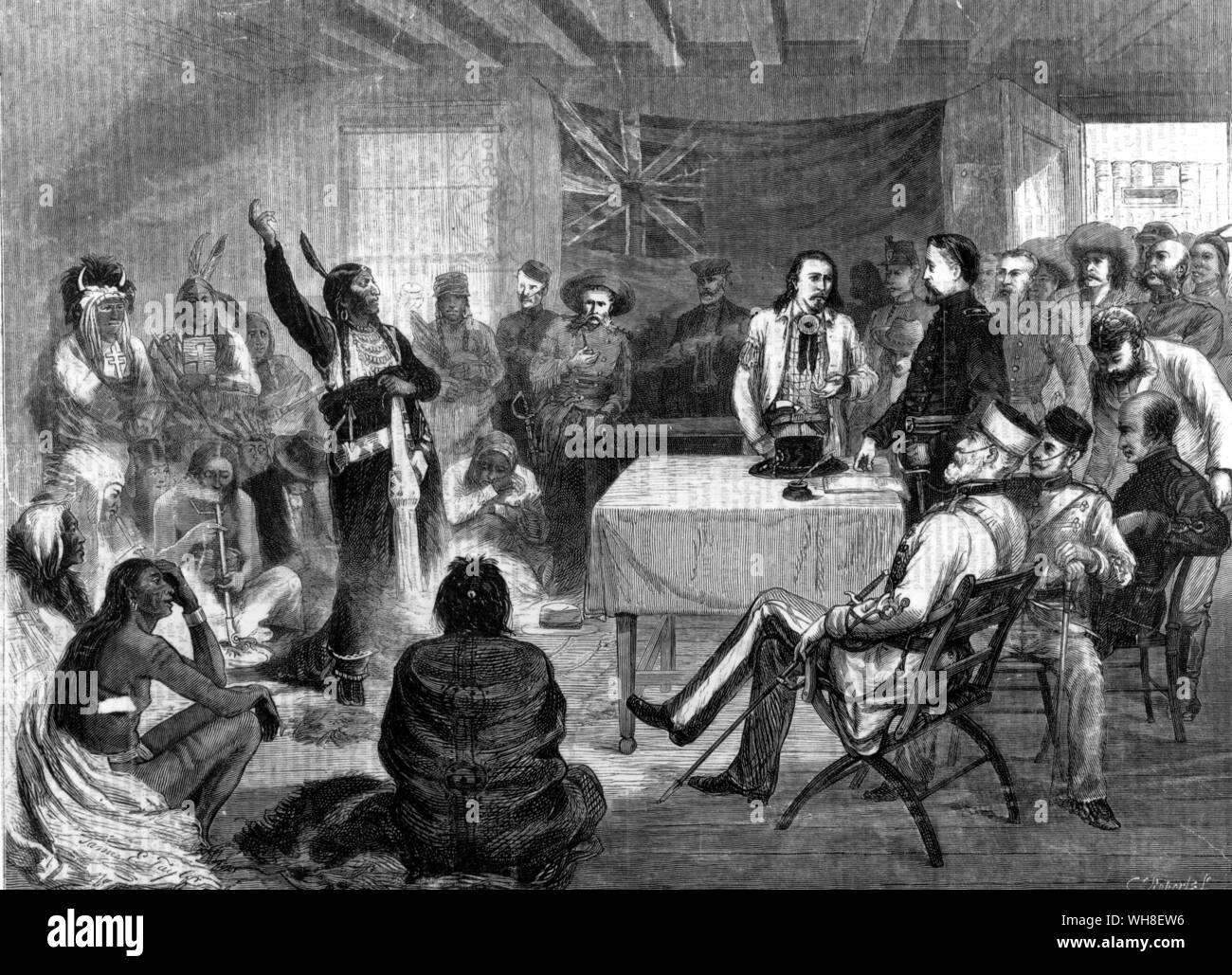 The Sitting Bull Council in October 1877. Sitting Bull remonstrating to the commission at Fort Walsh British Territory. . Stock Photo