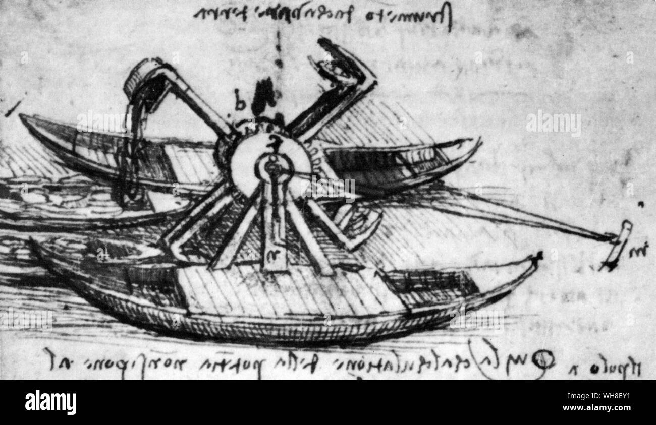 This plough will be able to dislodge the mud from the bottom and unload it upon the barge which is placed underneath it'. Leonardo designed a dredger like a catamaran. Leonardo da Vinci (1452-1519) was an Italian Renaissance architect, musician, anatomist, inventor, engineer, sculptor, geometer and painter. . . Stock Photo