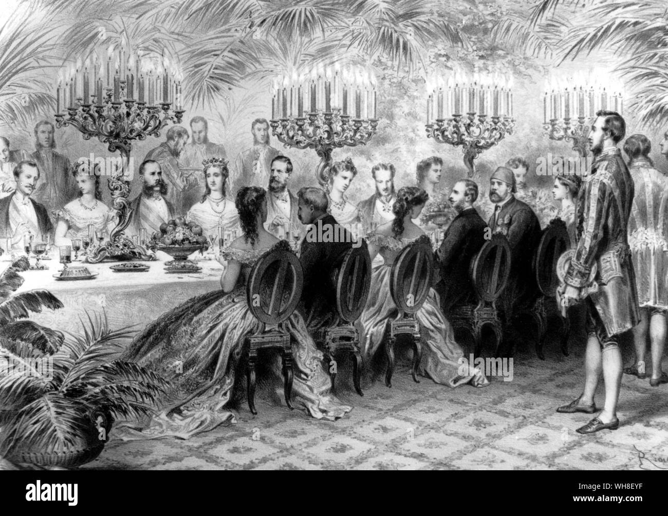 The banquet for the opening of the Suez Canal by Edouard Riou, French illustrator (1838-1900). Those at the table include the Empress Eugenie of France, fourth from lef facing, with the Austrian Emperor on her right, members of the Dutch and Prussian royal houses. The Kedive is fifth from the left (facing away) and De Hesseps is second from left facing away. Stock Photo